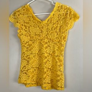 Yellow lace V - neck shirt